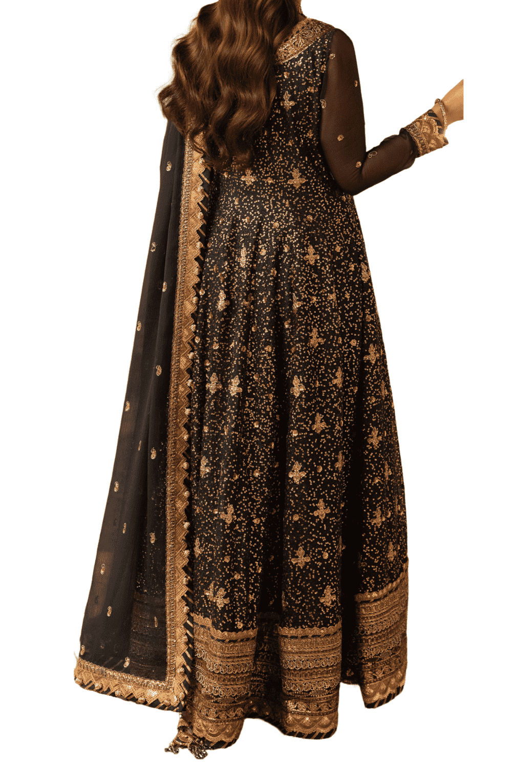 Midnight Black Embroidered with Golden Accents and Embellished Dupatta - M.M Collection - 