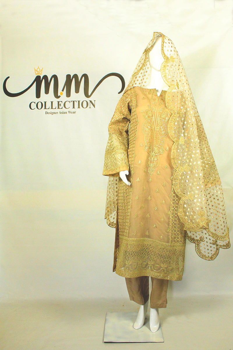Modern Applique Dupatta & Brown & Gold Dress: Mehendi Night Elegance - M.M Collection - 