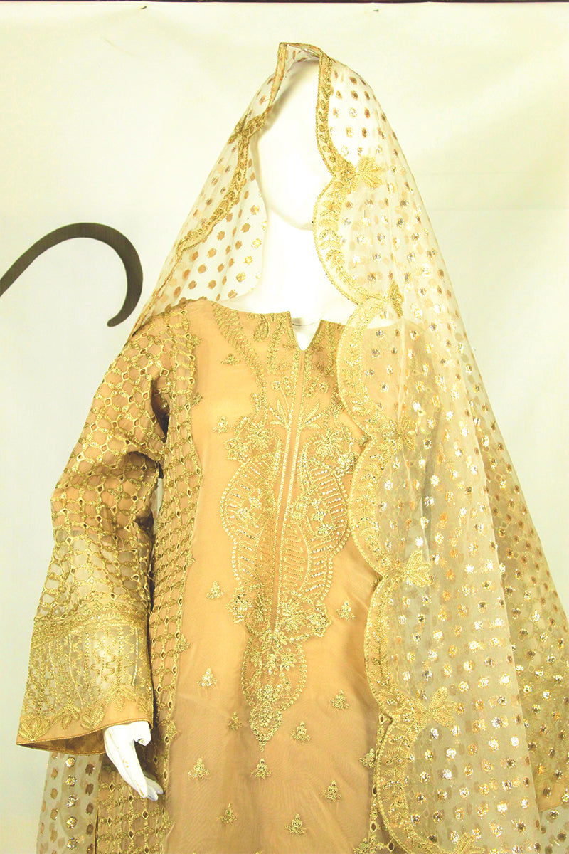 Modern Applique Dupatta & Brown & Gold Dress: Mehendi Night Elegance - M.M Collection - 
