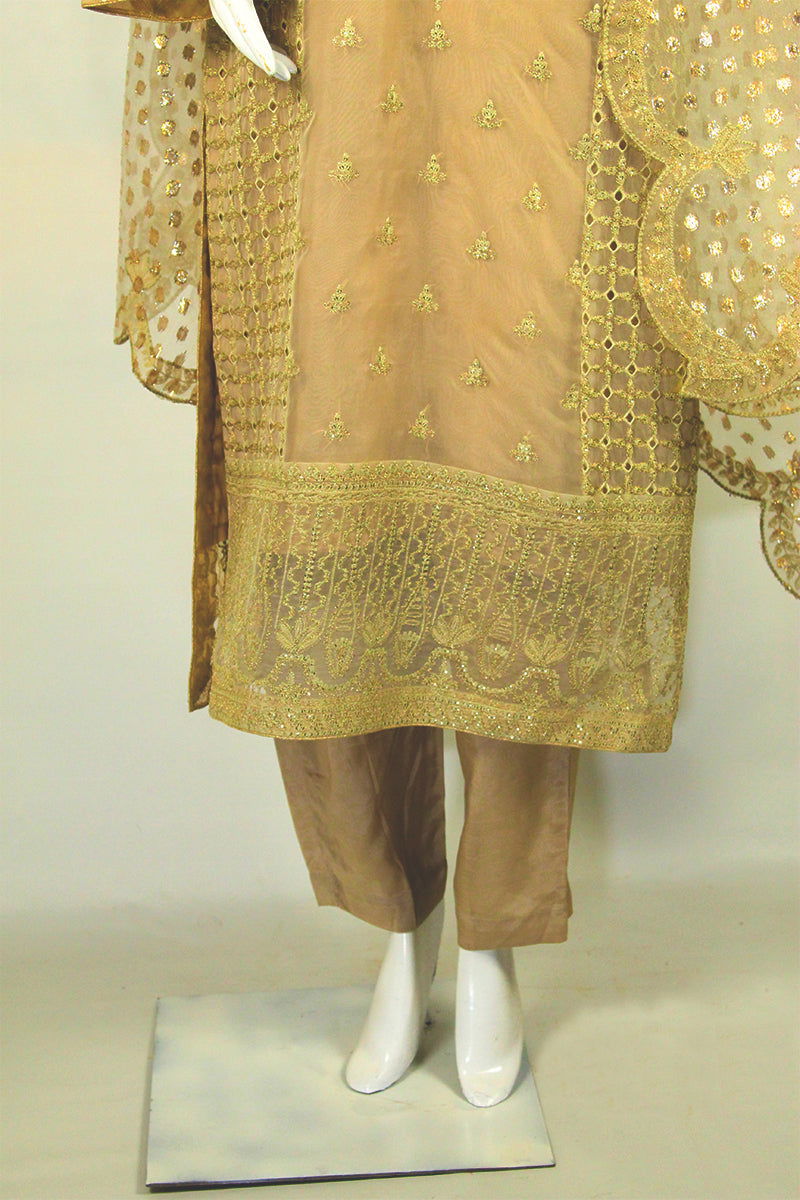Modern Applique Dupatta & Brown & Gold Dress: Mehendi Night Elegance - M.M Collection - 