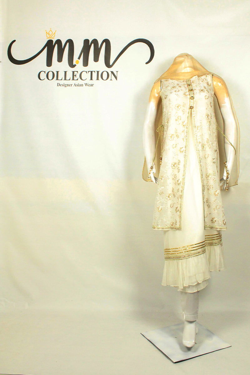 Modern Fusion Delight: Frock with Open Jacket & Golden Jali Dupatta - M.M Collection - 