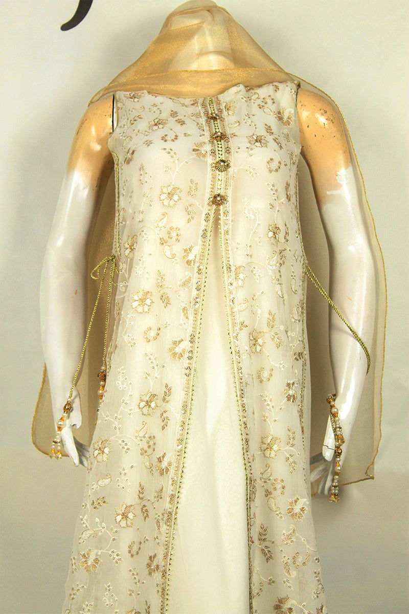 Modern Fusion Delight: Frock with Open Jacket & Golden Jali Dupatta - M.M Collection - 