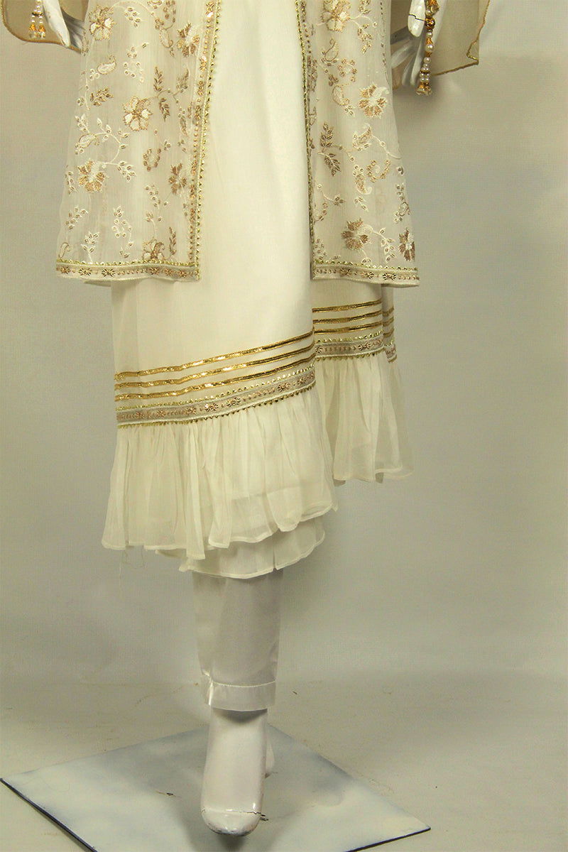 Modern Fusion Delight: Frock with Open Jacket & Golden Jali Dupatta - M.M Collection - 