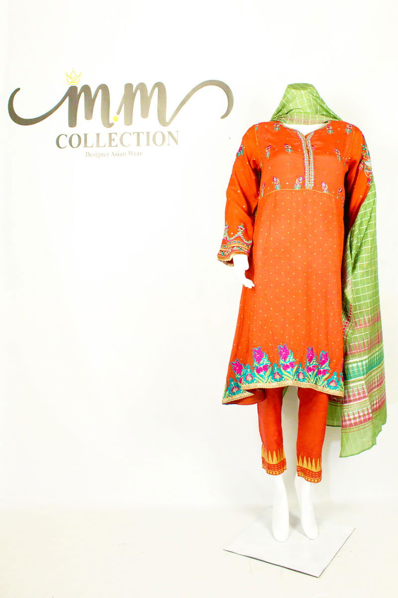 Modern Fusion: Digital Print Dupatta & Applique Dress with Belted Shalwar - M.M Collection - 