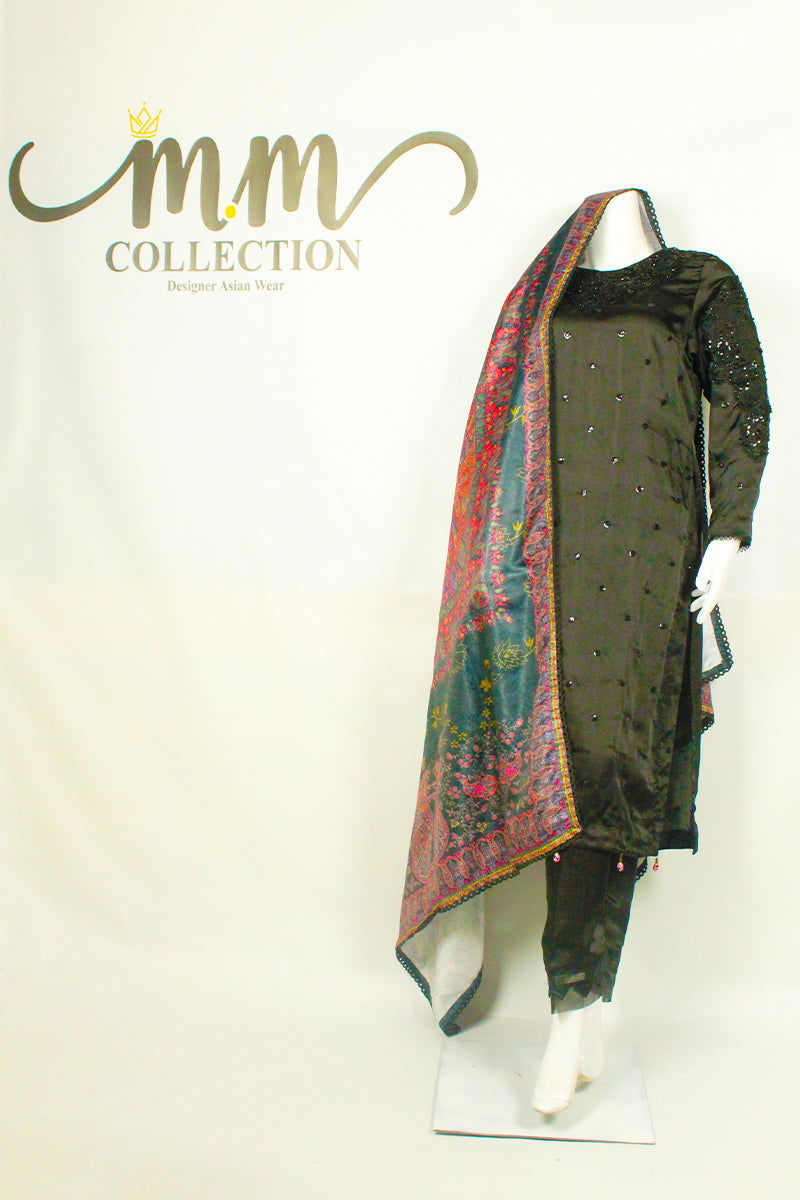 Modern Fusion Flair: Black Dress with Lace Pink Dupatta & Silk Shalwar - M.M Collection - 