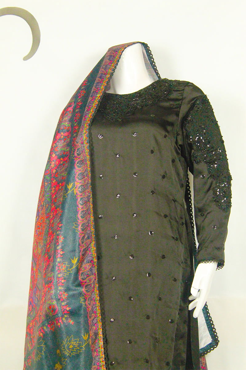 Modern Fusion Flair: Black Dress with Lace Pink Dupatta & Silk Shalwar - M.M Collection - 