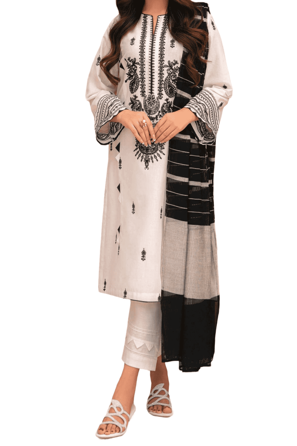 Monochrome Elegance – Black and White Embroidered Kurta - M.M Collection - 
