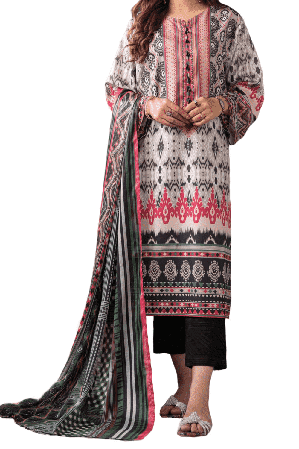 Monochrome Printed Kurta with Pink Accents – Bold and Modern - M.M Collection - 