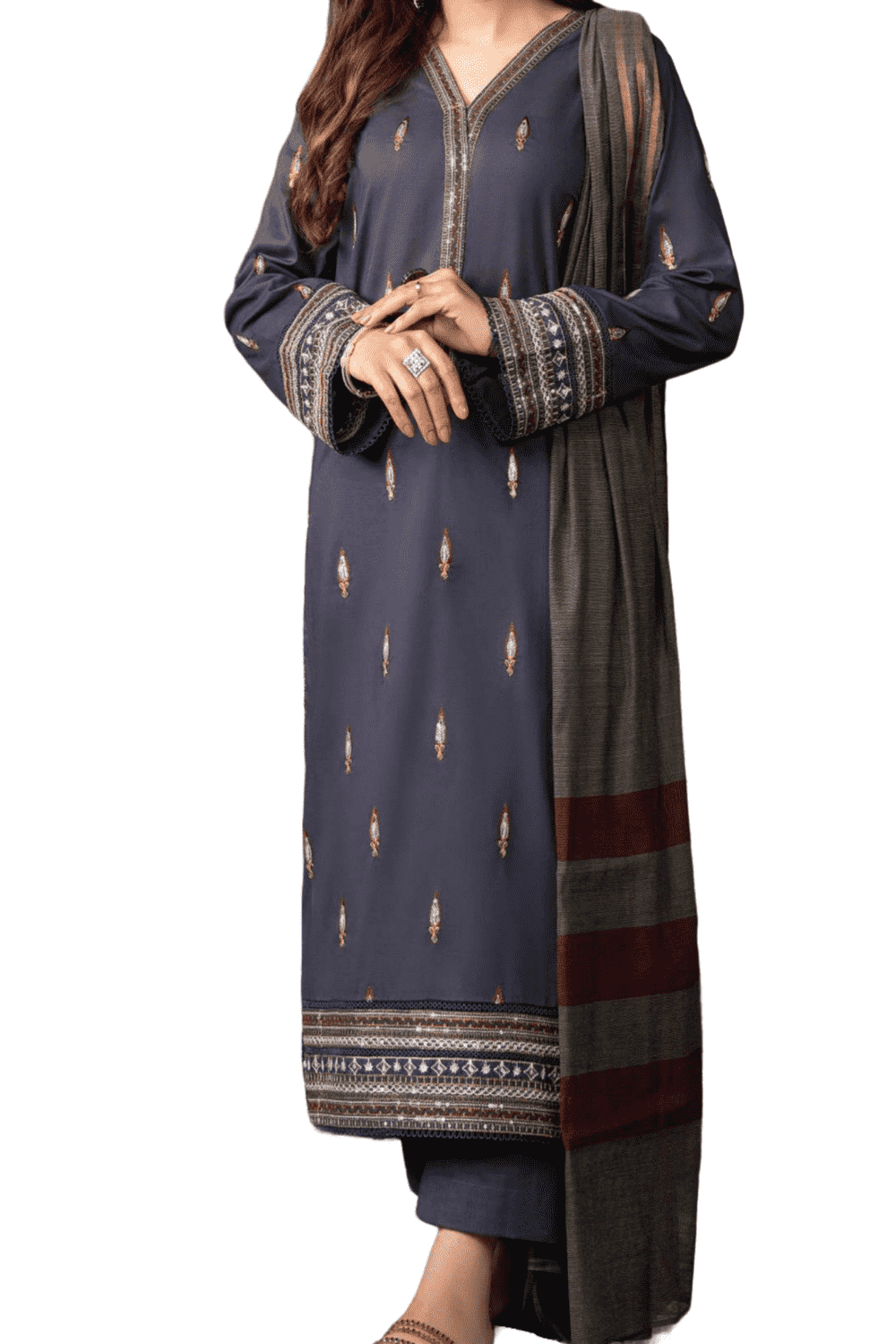 Navy Blue Embroidered Kurta with Textured Dupatta – Timeless Charm - M.M Collection - 