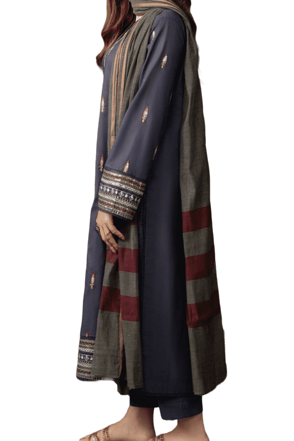 Navy Blue Embroidered Kurta with Textured Dupatta – Timeless Charm - M.M Collection - 