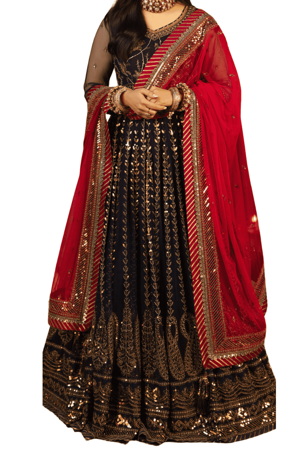 Opulent Navy Blue with Gold Embroidery and Vibrant Red Dupatta - M.M Collection - 