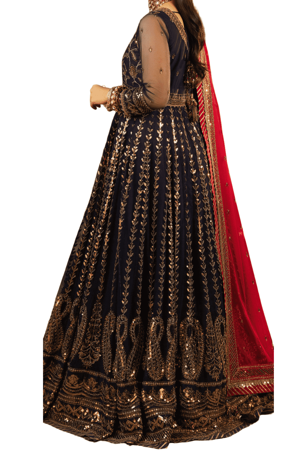 Opulent Navy Blue with Gold Embroidery and Vibrant Red Dupatta - M.M Collection - 