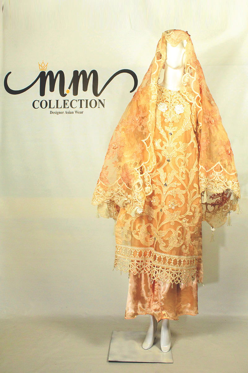 Phomri Dupatta & Applique Work Dress: off White & Brown Elegance - M.M Collection - 