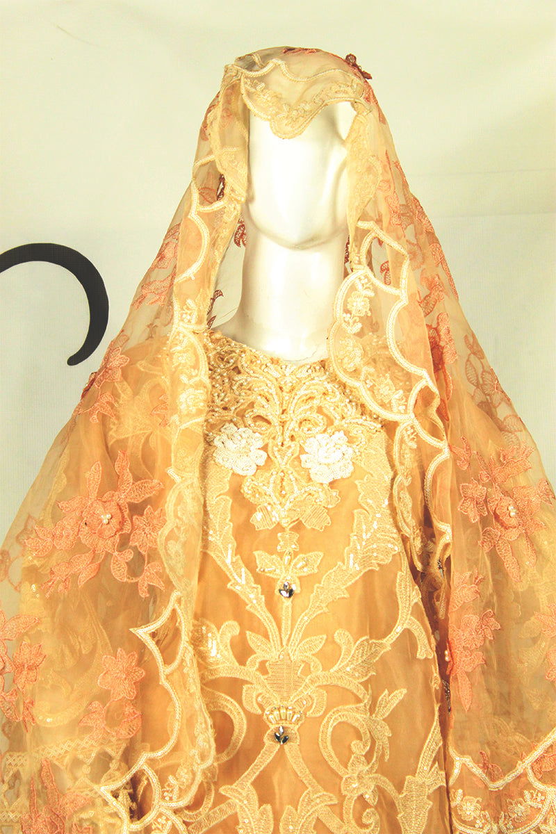 Phomri Dupatta & Applique Work Dress: off White & Brown Elegance - M.M Collection - 