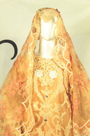 Phomri Dupatta & Applique Work Dress: off White & Brown Elegance - M.M Collection - 