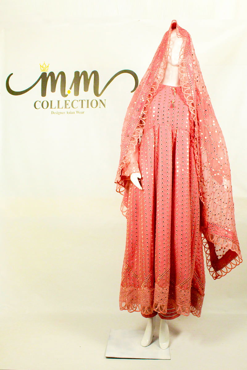 Pink Embroidered Ensemble: Heavy Work Dupatta & Silver Accents - M.M Collection - 