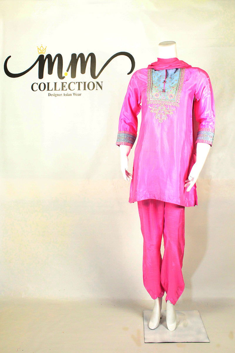 Pink & Flawless: Firozi Embroidery & Simple Shalwar - M.M Collection - 