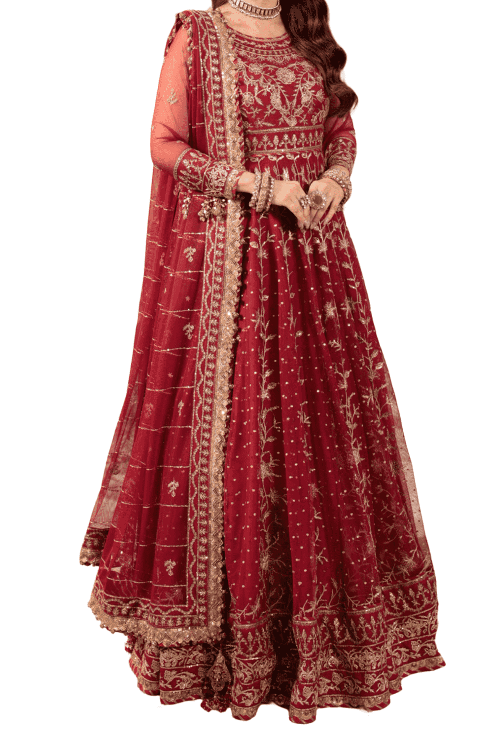 Radiant Red Bridal with Exquisite Gold Embroidery and Sheer Dupatta" - M.M Collection - 
