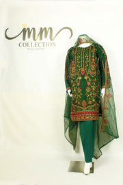 Red & Gold Embroidered Dress: Classic Green Elegance with Cotton Shalwar - M.M Collection - 