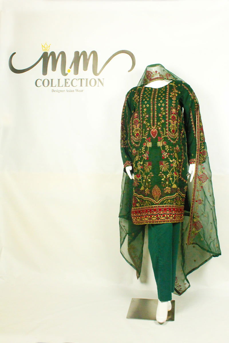 Red & Gold Embroidered Dress: Classic Green Elegance with Cotton Shalwar - M.M Collection - 