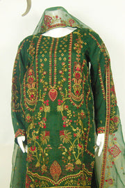 Red & Gold Embroidered Dress: Classic Green Elegance with Cotton Shalwar - M.M Collection - 