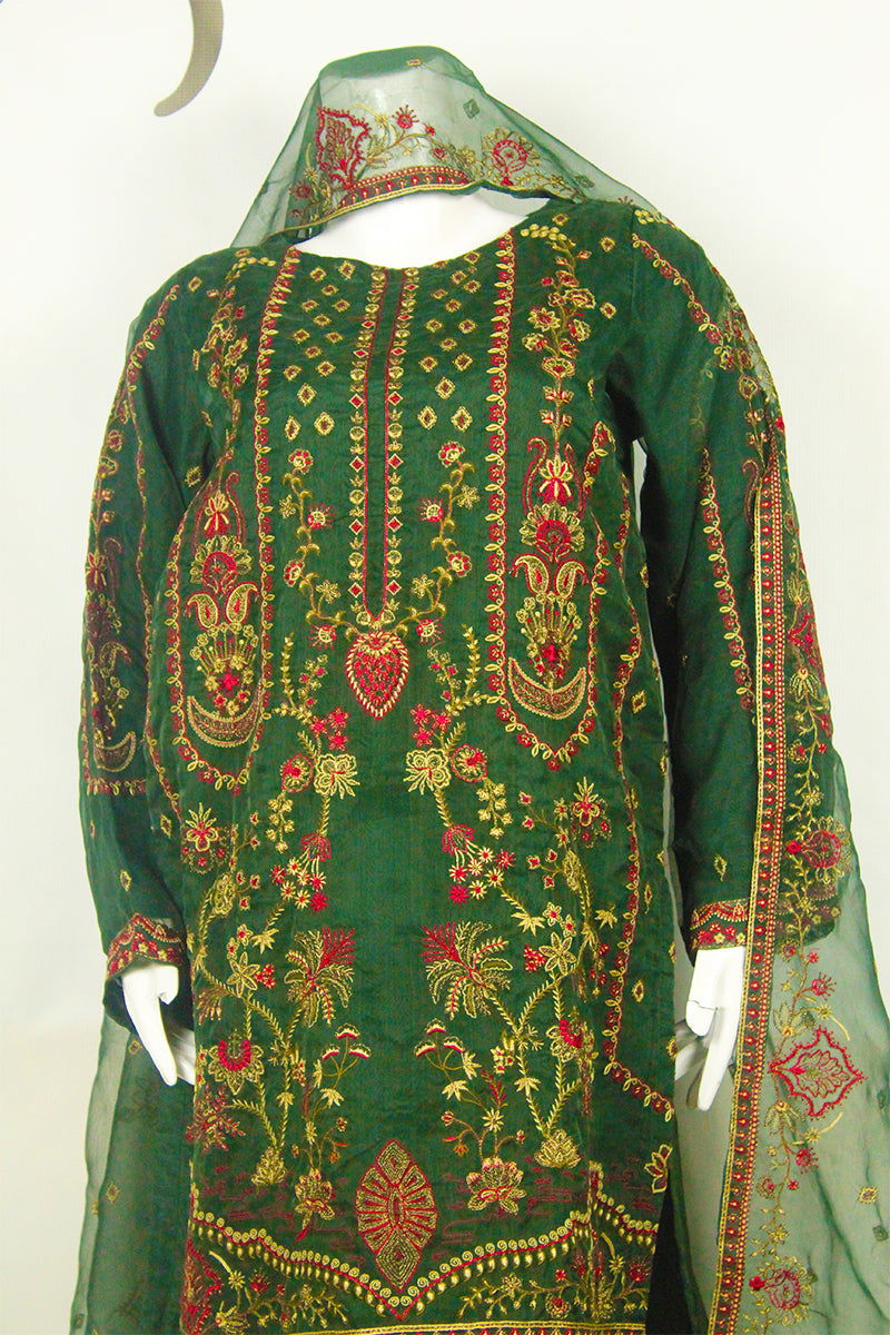 Red & Gold Embroidered Dress: Classic Green Elegance with Cotton Shalwar - M.M Collection - 