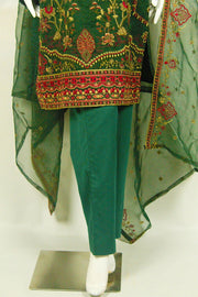 Red & Gold Embroidered Dress: Classic Green Elegance with Cotton Shalwar - M.M Collection - 
