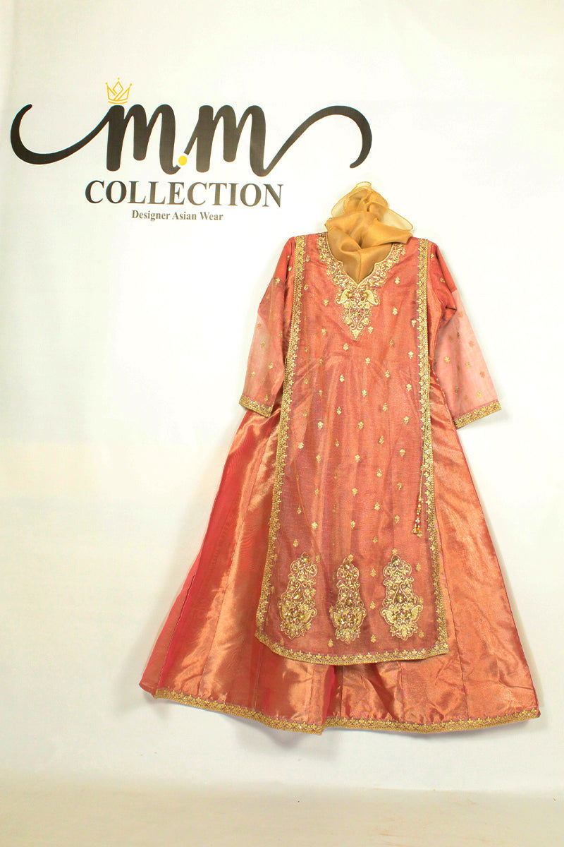 Regal Elegance: Layered Banarsi & Silk Suit with Golden Dupatta (Teens) - M.M Collection - 