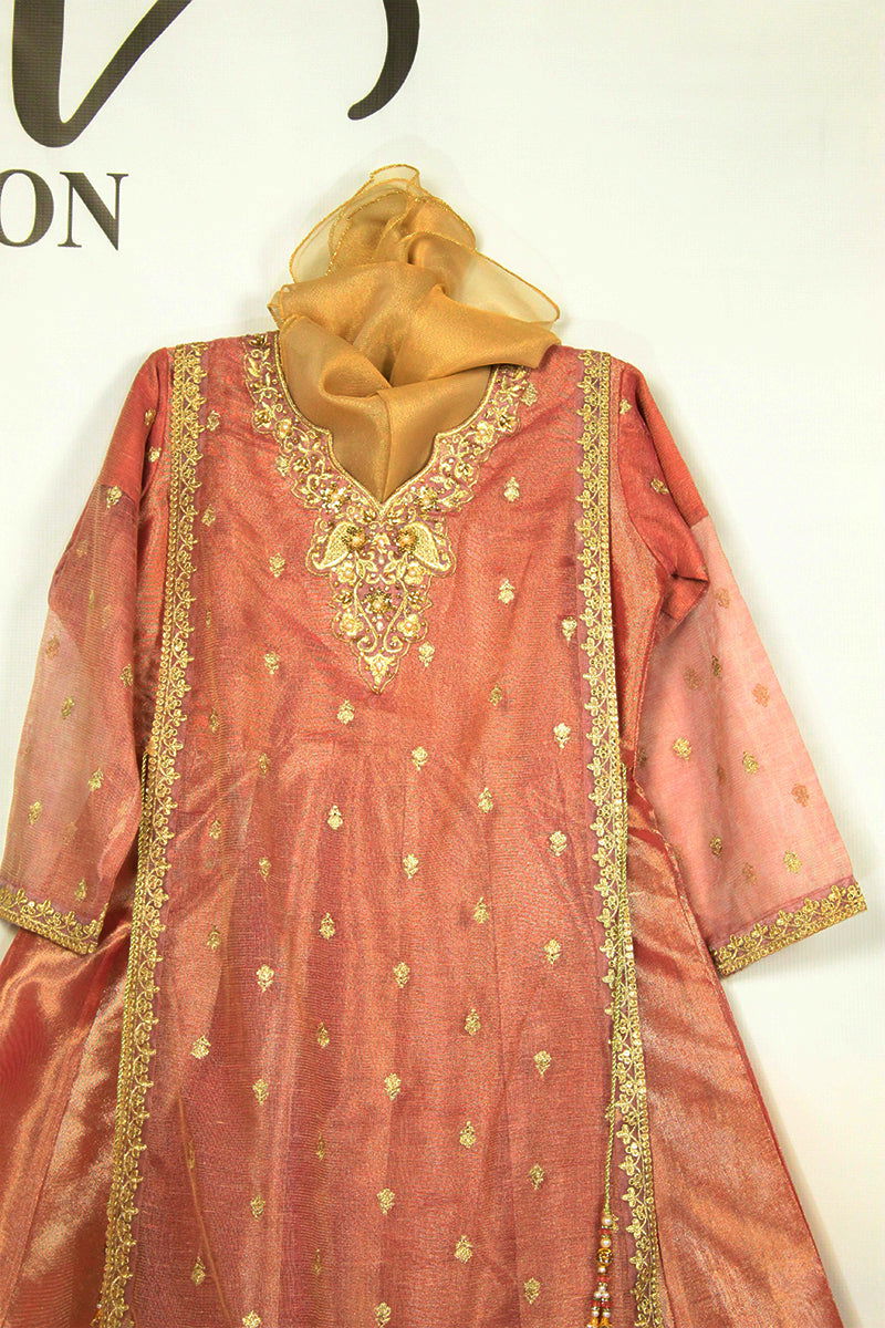 Regal Elegance: Layered Banarsi & Silk Suit with Golden Dupatta (Teens) - M.M Collection - 