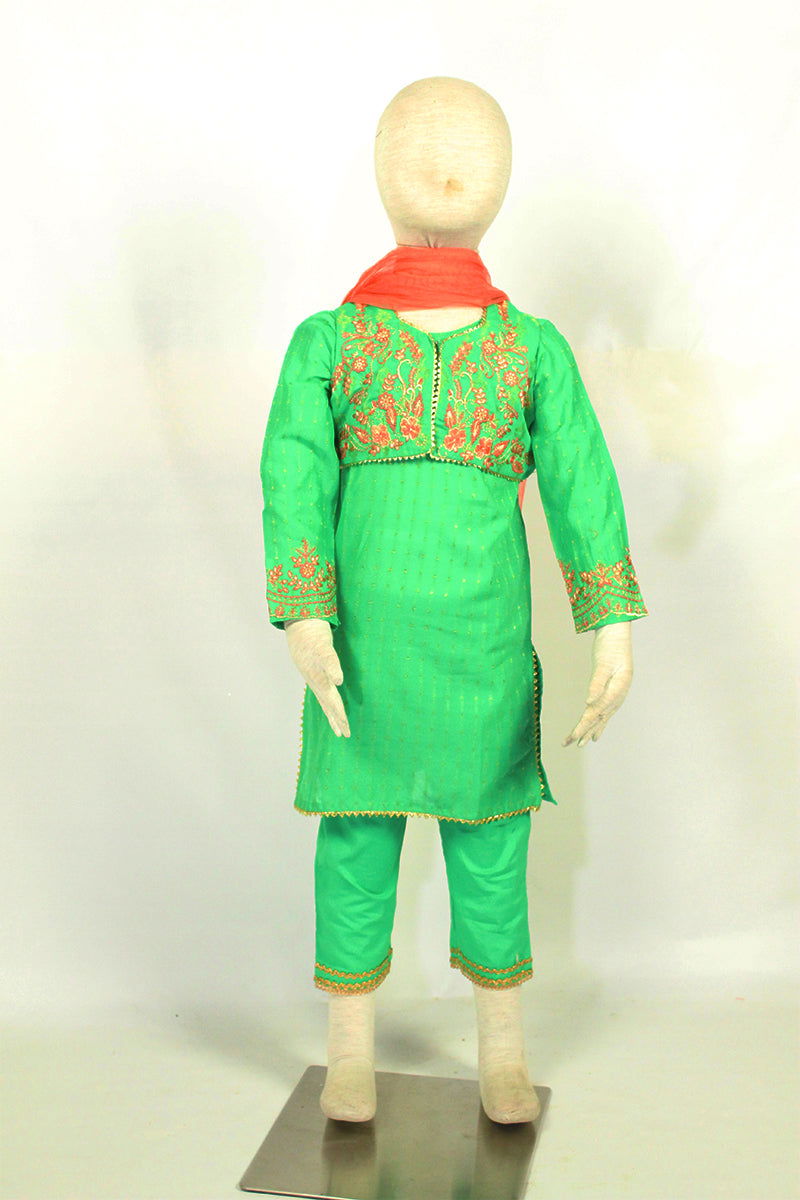 South Asian Green Shalwar Kameez for Kids Pink & Gold Embroidered Jacket, Orange Dupatta, Traditional Outfit for Girls South Asian Green Shalwar Kameez for Kids Pink & Gold Embroidered Jacket, Orange Dupatta, Traditional Outfit for Girls
