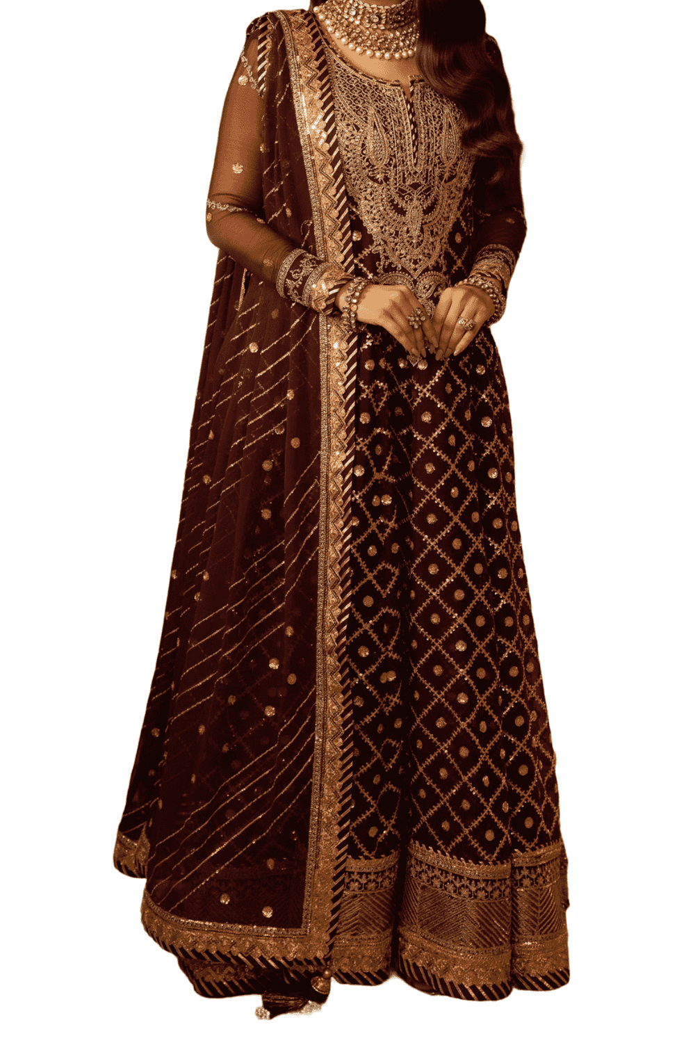 Royal Maroon with Lavish Gold Embroidery and Sheer Sleeves - M.M Collection - 