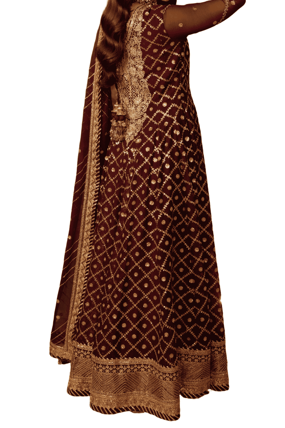Royal Maroon with Lavish Gold Embroidery and Sheer Sleeves - M.M Collection - 