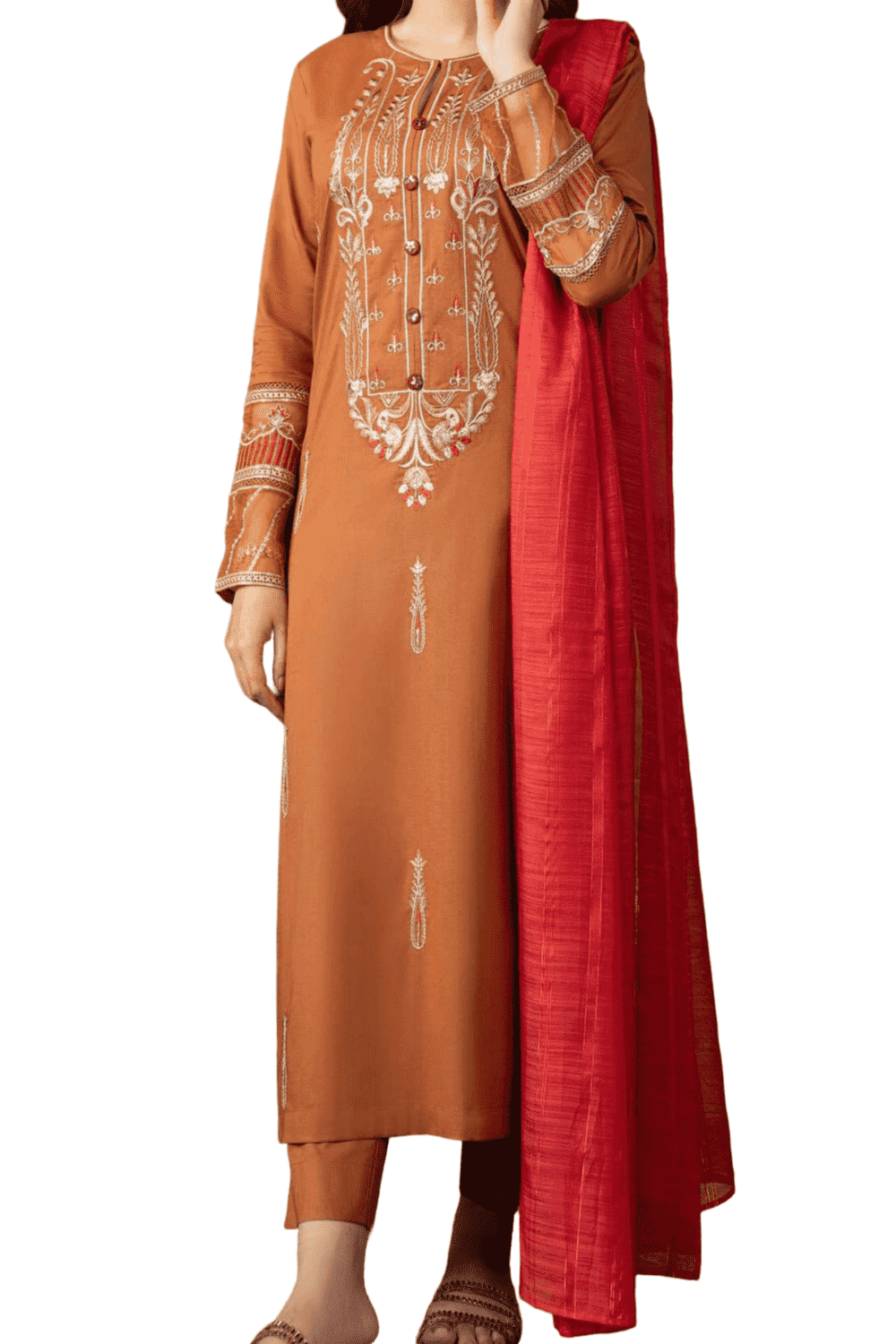 Rust Brown Embroidered Kurta with Red Dupatta – A Festive Elegance - M.M Collection - 