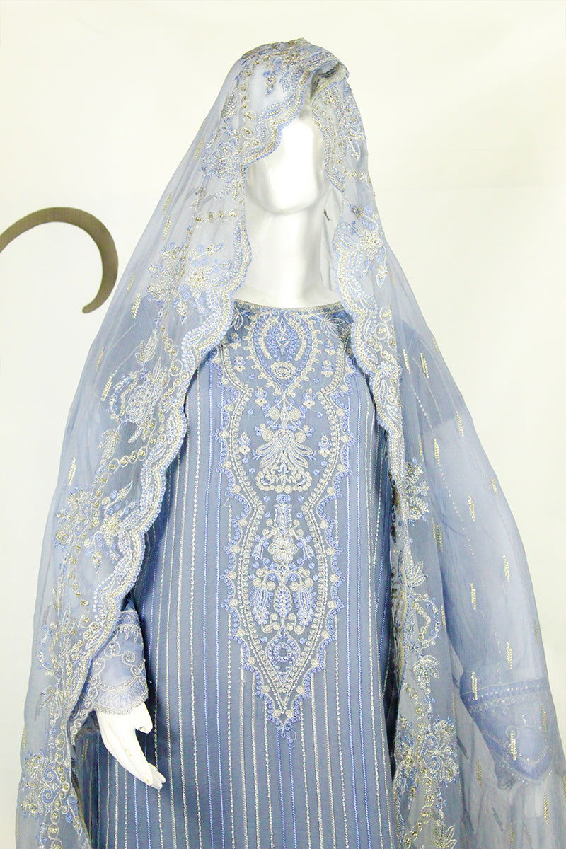 Silver & Gray Embroidered Ensemble: Sophisticated Elegance - M.M Collection - 