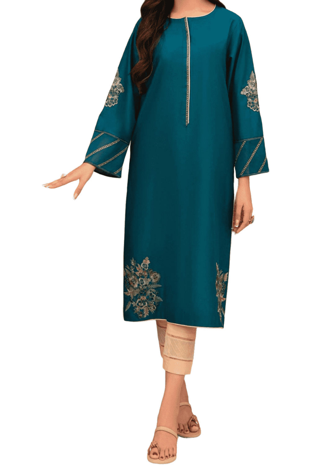 Teal Blue Embroidered Kurta – Minimalist Charm with Floral Accents - M.M Collection - 