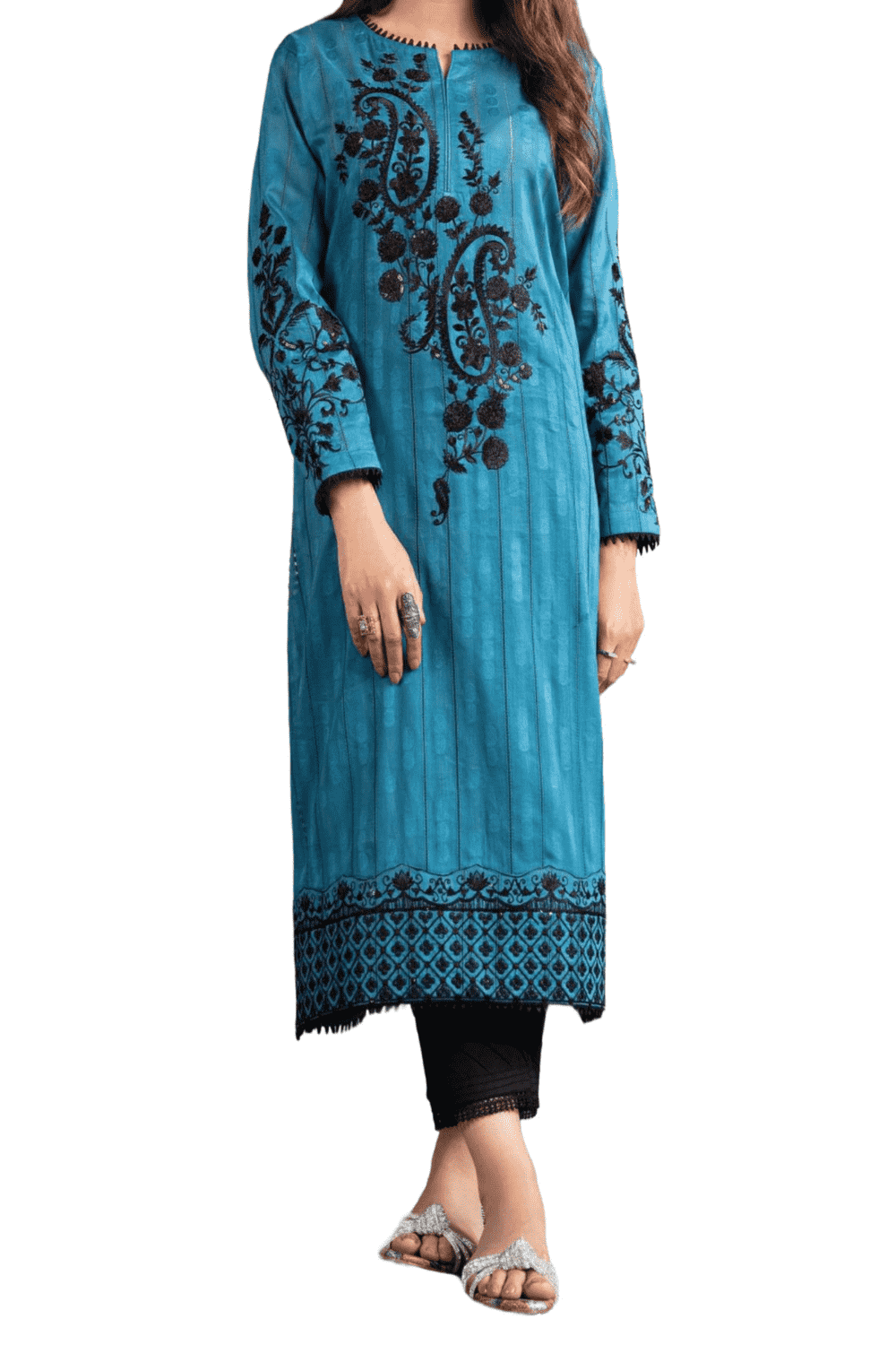 Turquoise Embroidered Kurta – Graceful Black Floral Accents - M.M Collection - 