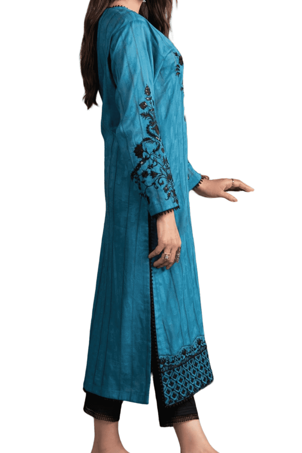 Turquoise Embroidered Kurta – Graceful Black Floral Accents - M.M Collection - 