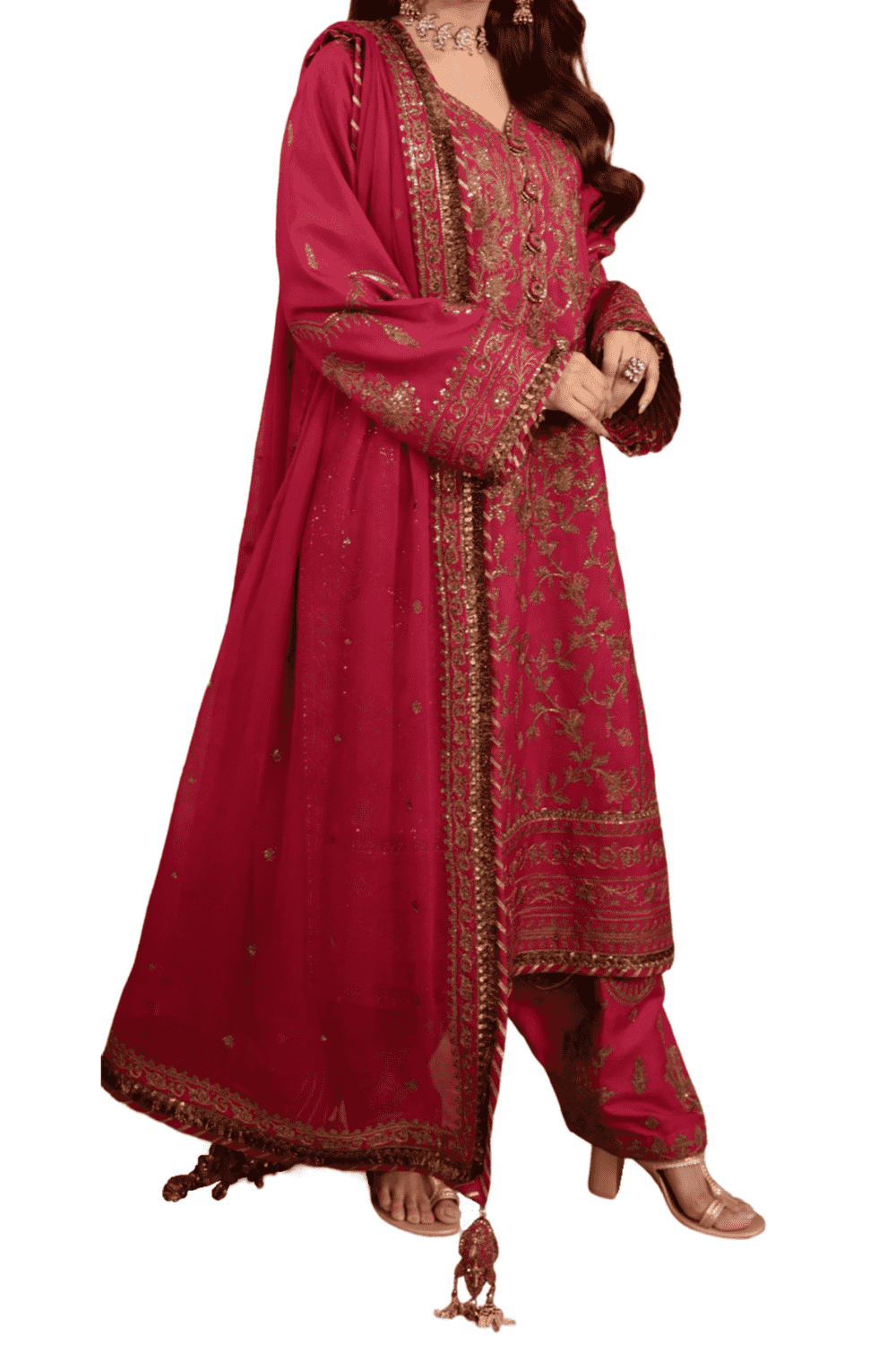 Vibrant Fuchsia Pink Embroidered Shalwar Kameez with Golden Accents - M.M Collection - 