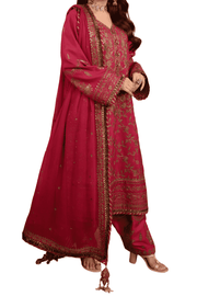 Vibrant Fuchsia Pink Embroidered Shalwar Kameez with Golden Accents - M.M Collection - 