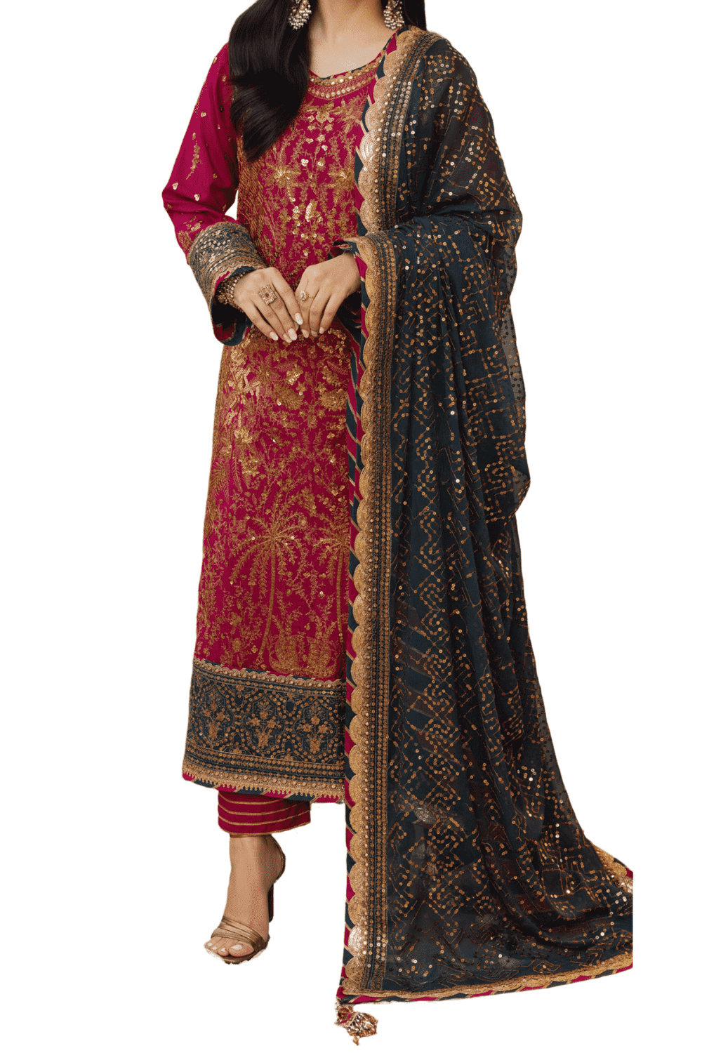 Vibrant Red Shalwar Kameez with Gold Embroidery and Navy Blue Dupatta - M.M Collection - 
