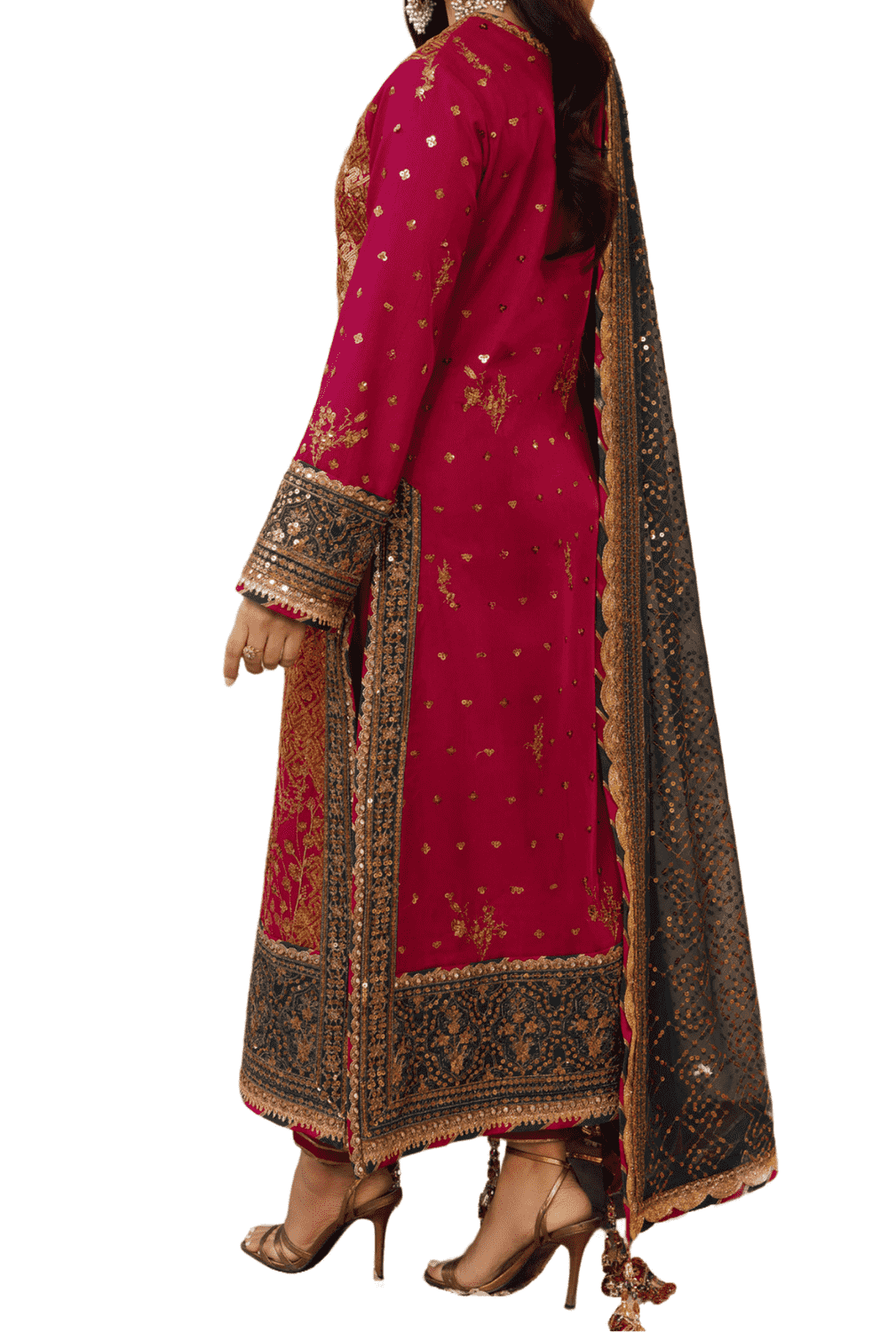 Vibrant Red Shalwar Kameez with Gold Embroidery and Navy Blue Dupatta - M.M Collection - 